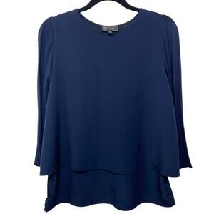 DG2 by Diane Gilman‎ Overlay Round Neck Blouse Classic Navy Women's Size Small